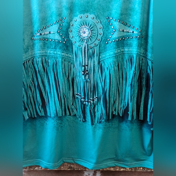 New Turquoise Green Faux Fringe Look Tee - Picture 15 of 15